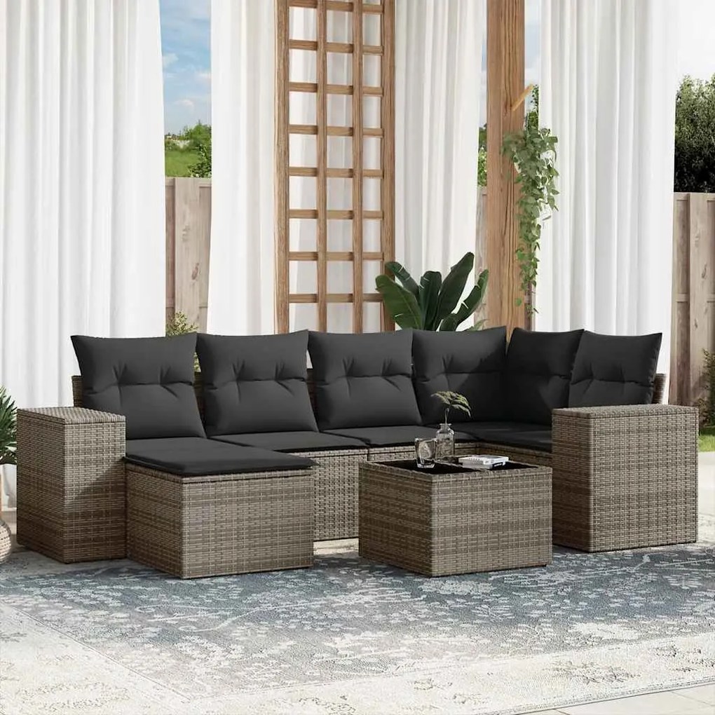 vidaXL Set canapele de grădină, 7 piese, cu perne, gri, poliratan