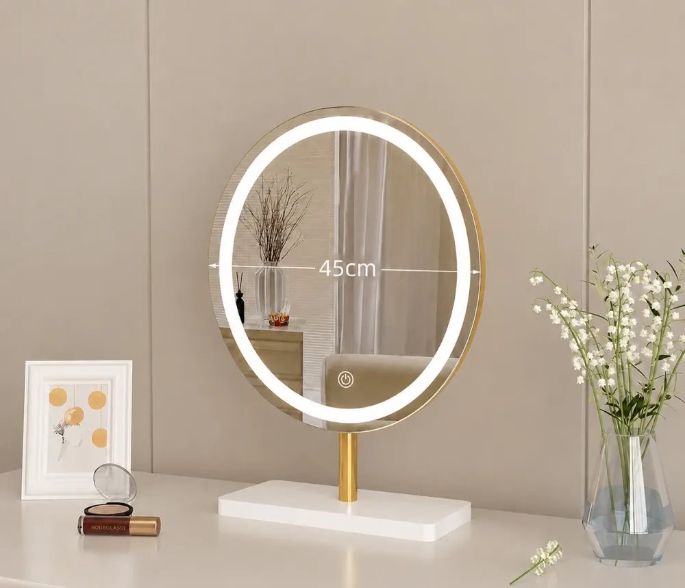 Set ROYAL GREY – Masă de Toaletă pentru Machiaj, Oglindă iluminată LED, Control touch, Trei tipuri culoare, Taburet, 100 cm, Gri
