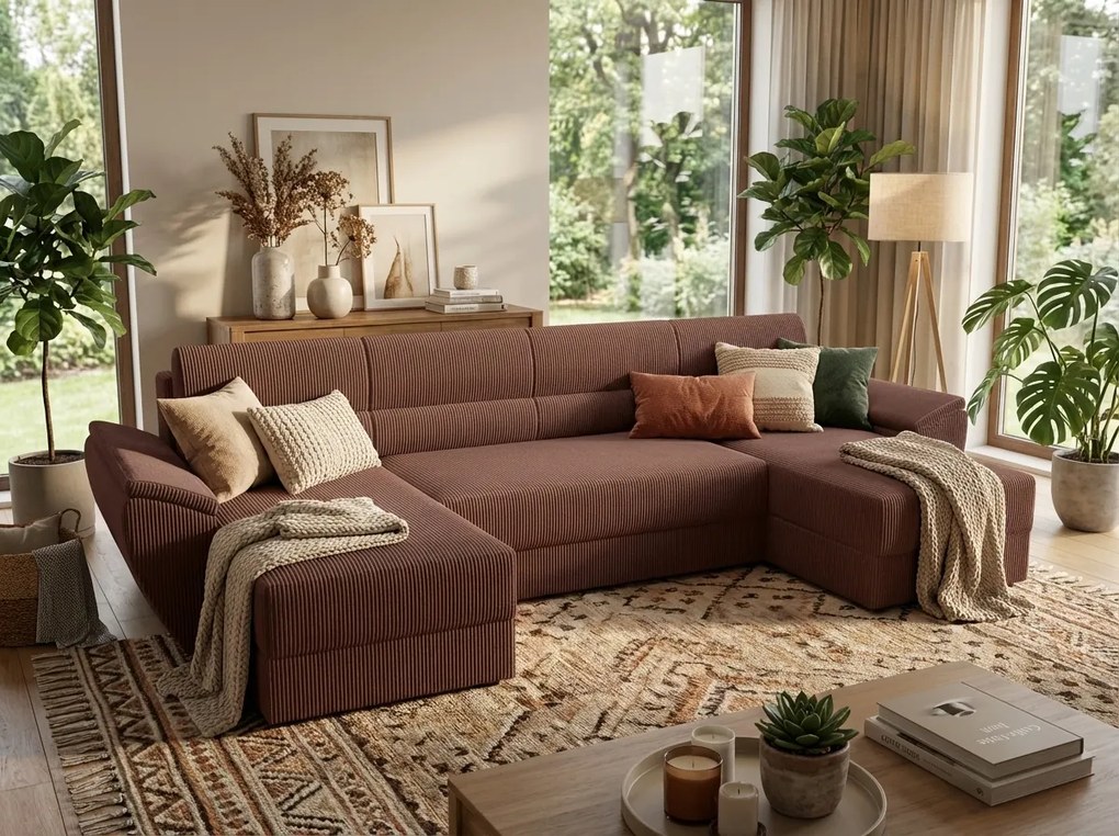 Coltar extensibil in forma de U TAVERO, roz inchis, 321x140 cm