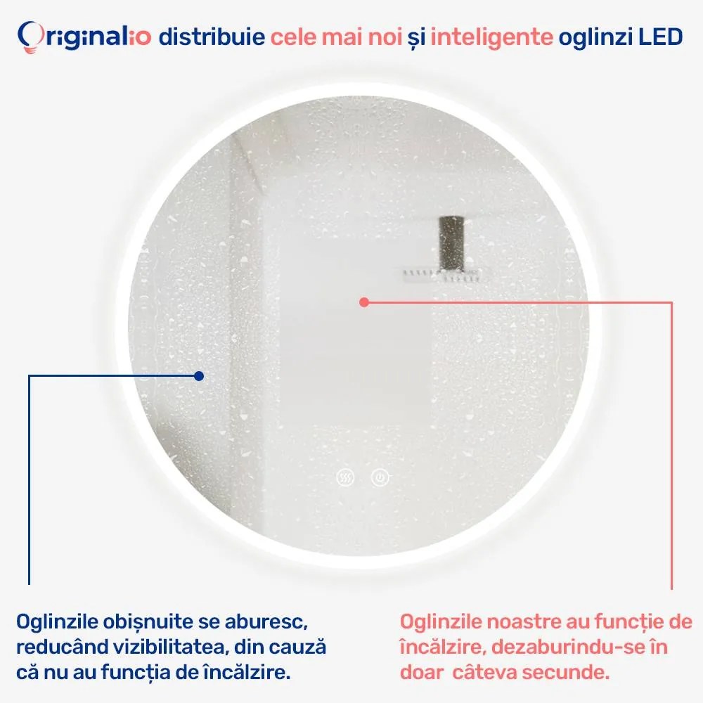 Oglindă LED Rotundă (Diametru 50 cm), 3 Moduri Iluminare (Lumină Rece, Naturală, Caldă), Intensitate Reglabilă, Funcție Dezaburire, Ramă Luminosă, Control Tactil (Touch)