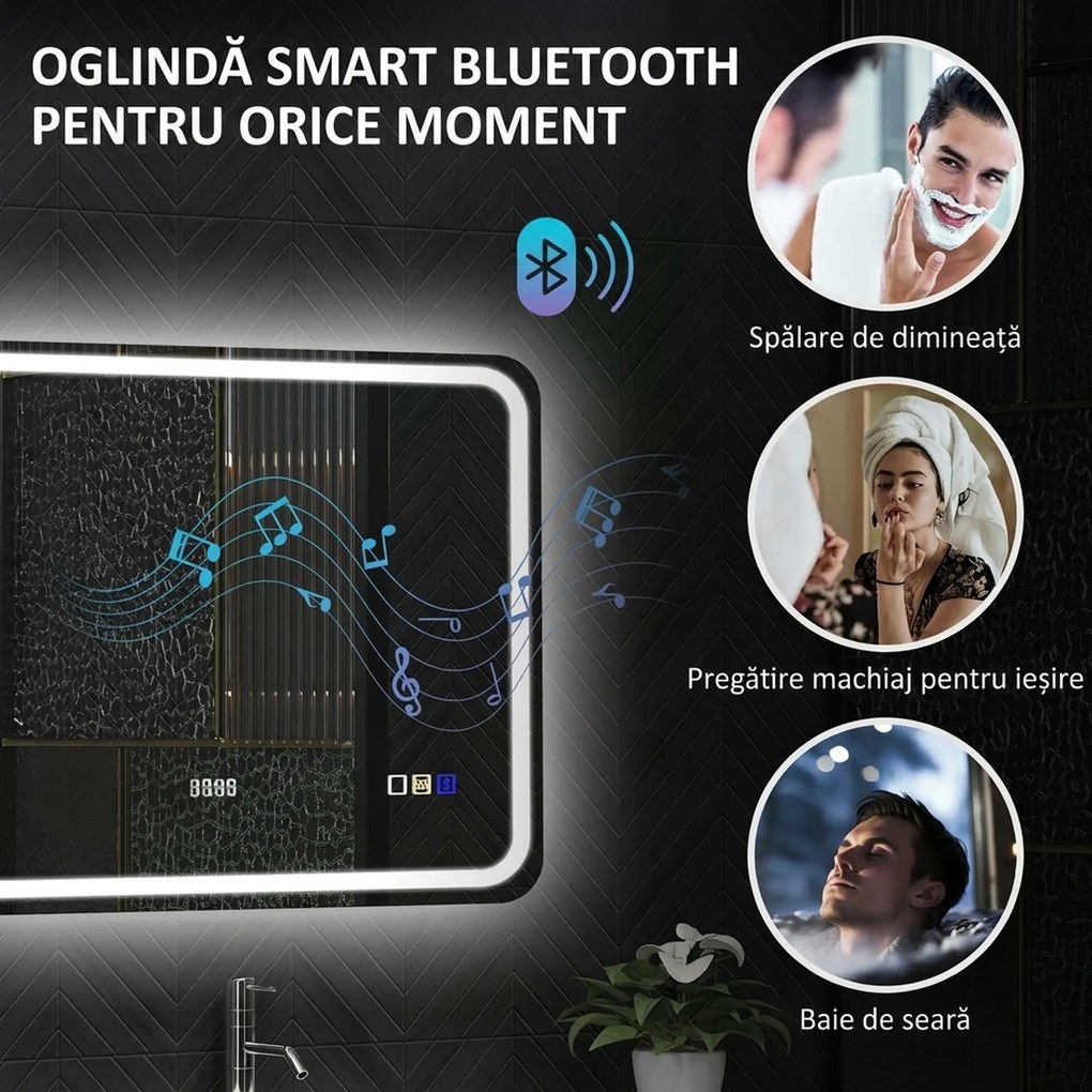 HOMCOM Oglindă de Baie LED cu Bluetooth, Iluminare Reglabilă și Funcție de Memorare, din Sticlă Securizată, 80 x 2.9 x 60 cm | Aosom Romania