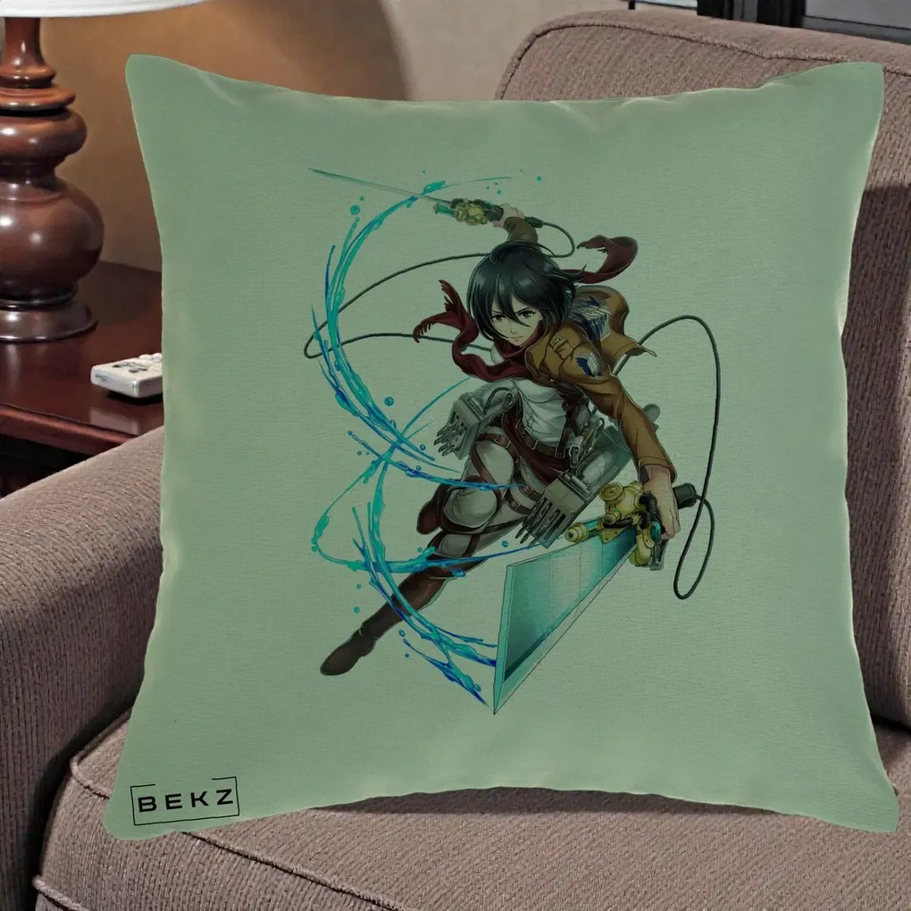 Perna Personalizata Attack on Titan Mikasa Ackerman Lupta, 40x40 cm, Verde, Husa Detasabila, Perna Inclusa, BEKZ®