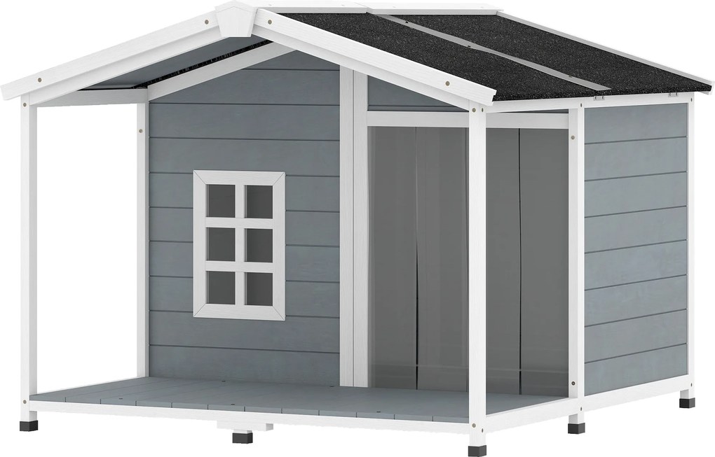 PawHut Cușcă pentru câini rezistentă la intemperii, cușcă înălțată din lemn cu acoperiș din asfalt, terasă, pentru câini de talie medie 103x107x83,5cm Gri | Aosom Romania