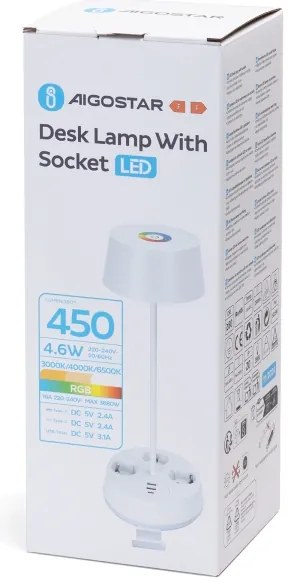 Aigostar-LED Lampă de birou LED RGBW cu reglare a intensității, prize și port USB, 4,6W, 230V, alb