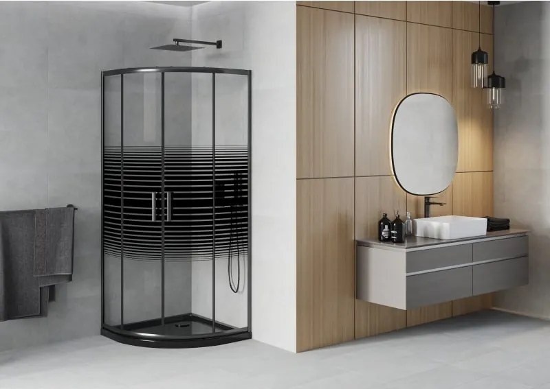 Mexen Rio cabina de duș semicirculară 80 x 80 cm, benzi negre, neagră + cadă de duș Flat, neagră - 863-080-080-70-20-4170B