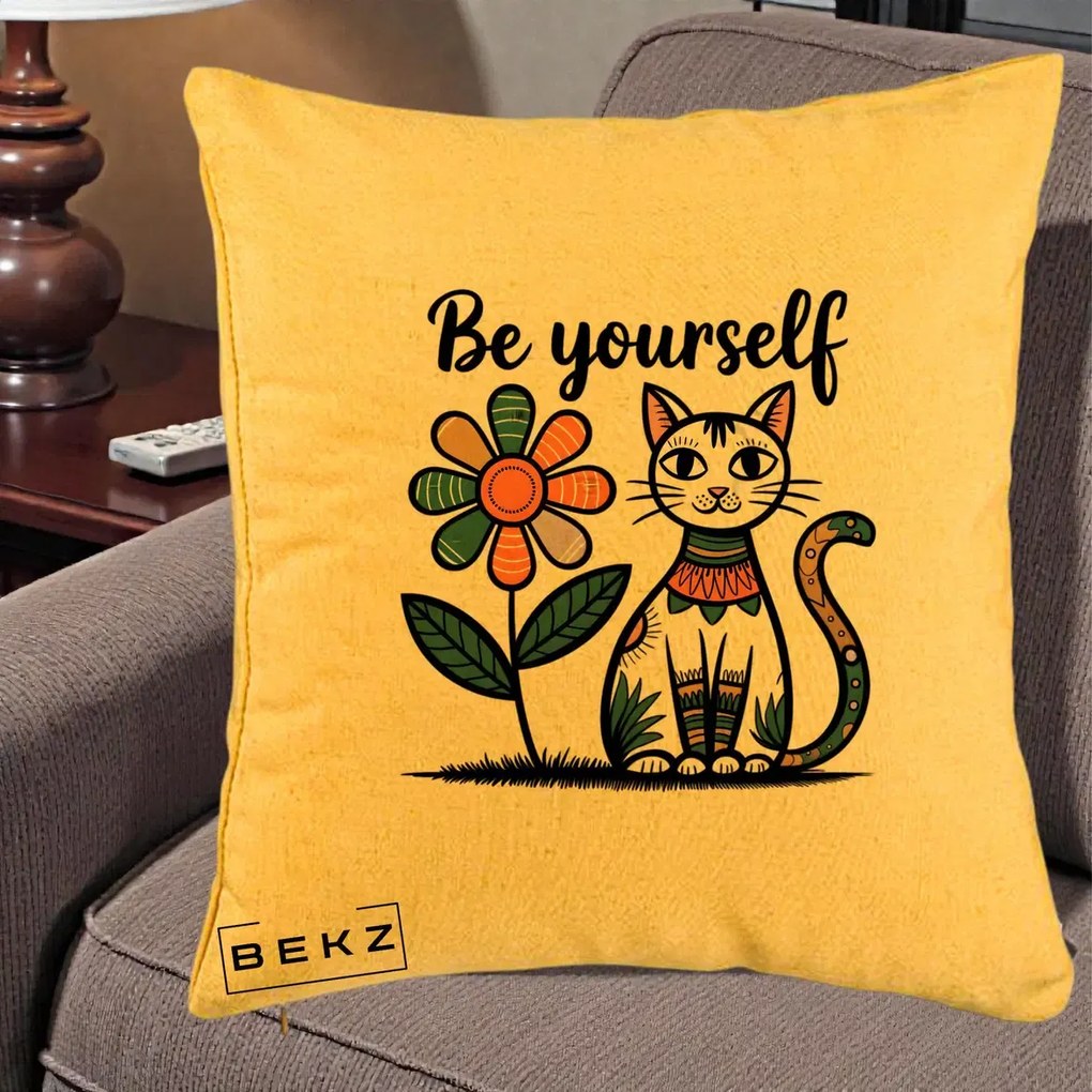 Perna Personalizata Be Yourself Pisica Folk, 40x40 cm, Galben, Husa Detasabila, Perna Inclusa, BEKZ®