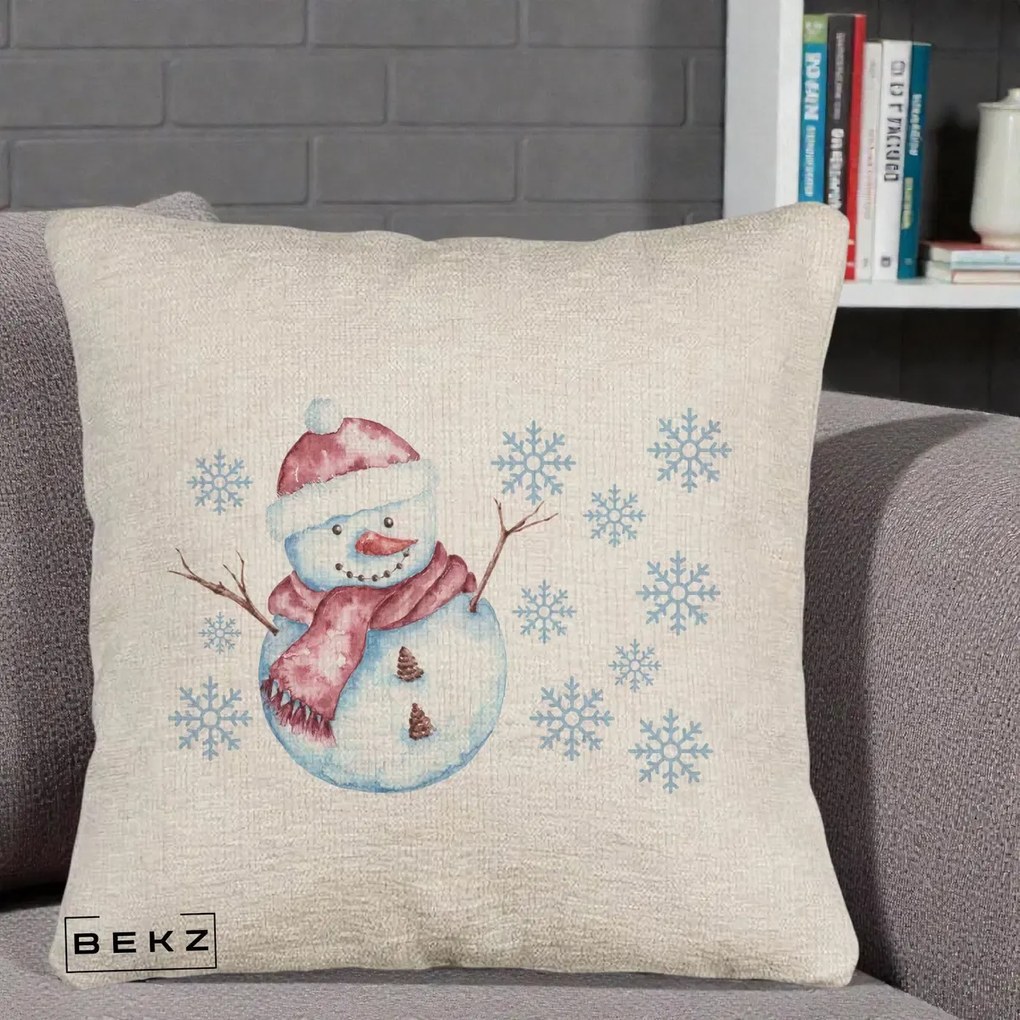 Perna Decorativa Om de Zapada Rosu cu Fulgi, 40x40 cm, Bej Canapea, Husa Detasabila, Perna Inclusa, BEKZ®