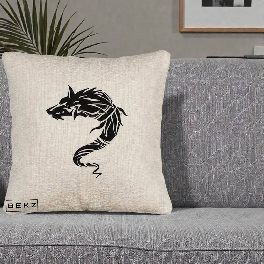 Perna Decorativa Lup Tribal Alb-Negru, 40x40 cm, Bej Canapea, Husa Detasabila, Perna Inclusa, BEKZ®