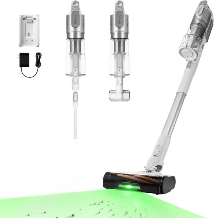 Aspirator vertical Levoit VortexIQ LSV-V221-VEU, 210 W, 0,85 l, 50 min, 3 trepte de putere, Lumina verde la peria NeoSight™, Filtru HEPA cu 5 trepte, Cap rotativ la 180°, Alb/Argintiu