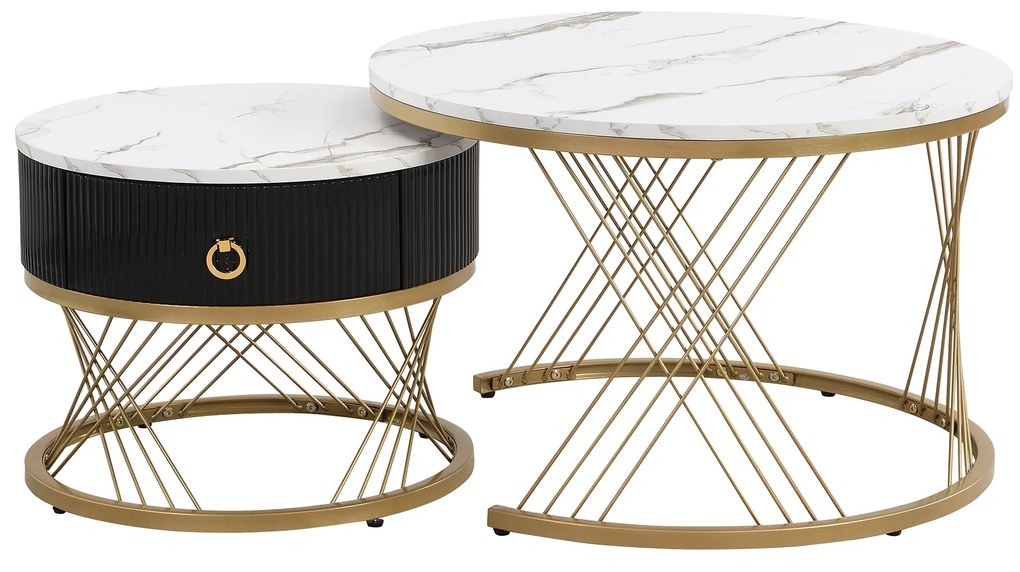 Set de 2 Măsuțe de Cafea Moderne Modulare din Marmură Sintetică cu Detalii Aurii și Sertare, Dimensiuni 70x70x45 cm și 50x50x40 cm, Alb
