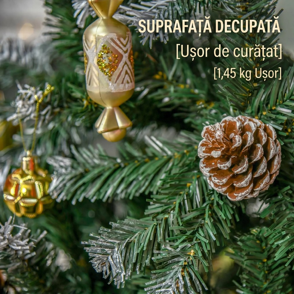 HOMCOM Brad de Crăciun Înzăpezit cu Conuri, Brad Artificial cu Deschidere Automată și Bază Pliabilă, Ø85x150 cm, Verde | Aosom Romania