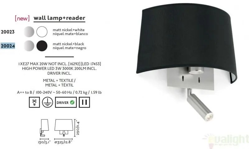 Aplica de perete moderna neagra cu reader LED, VOLTA 20024