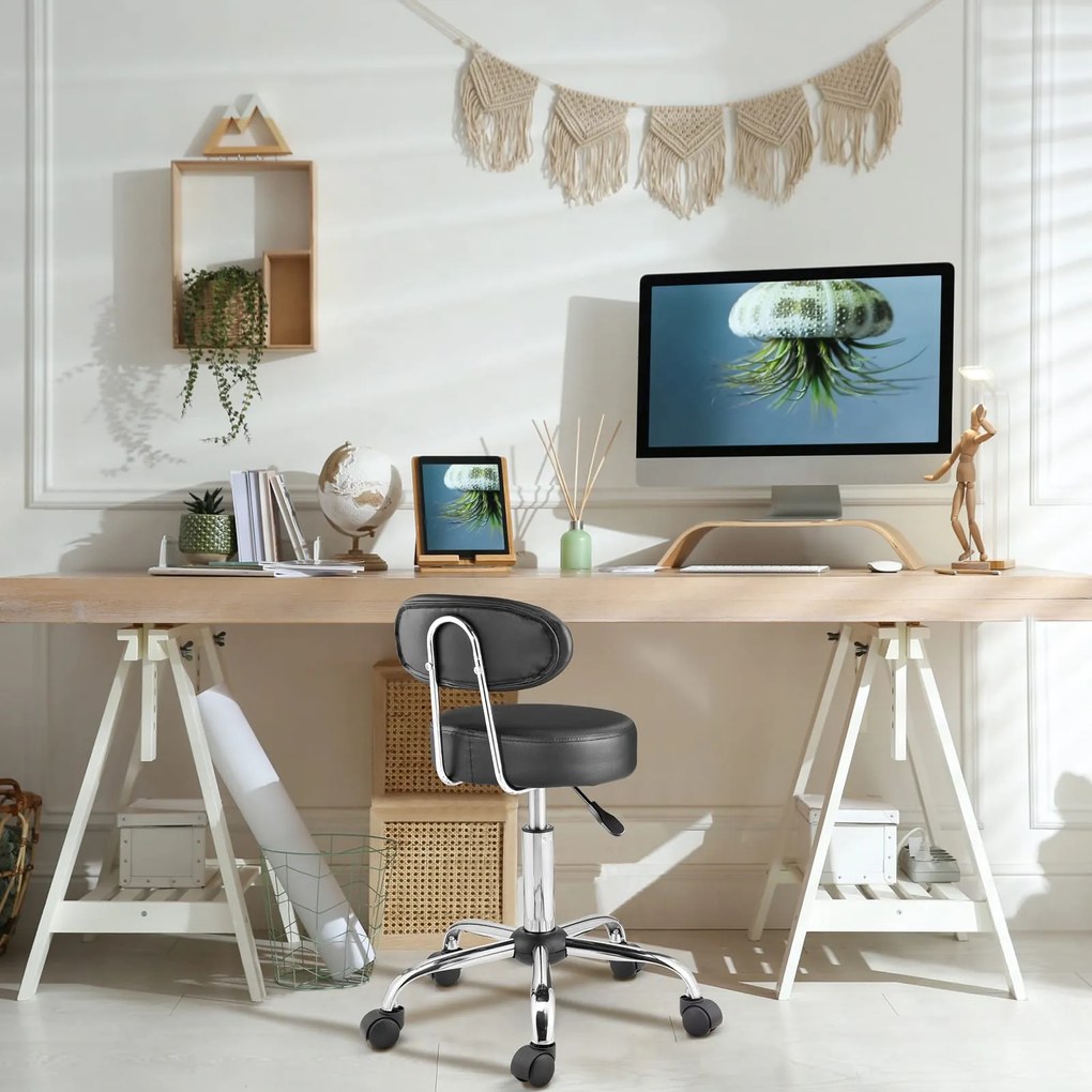 Taburet pe roți cu spătar ROLAND, Ø35cm, negru Casaria