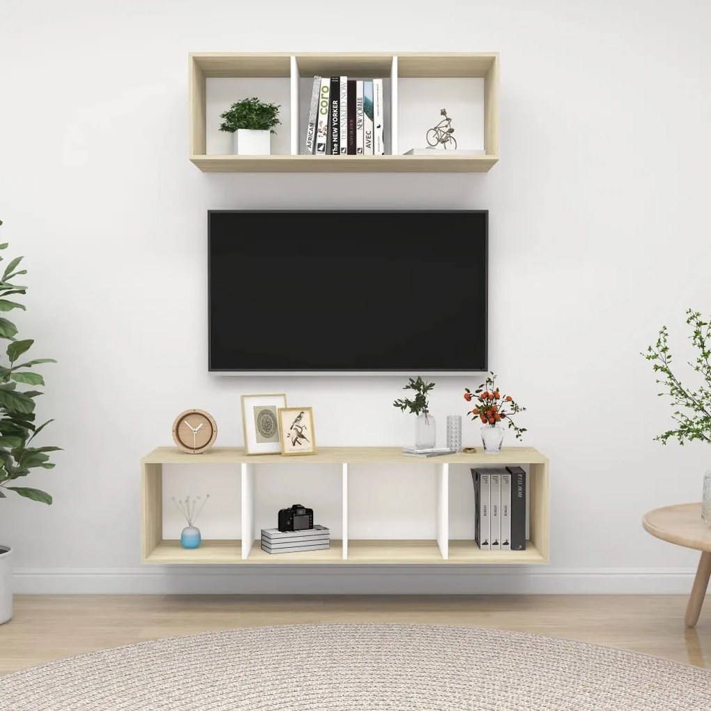 3079795 vidaXL Set dulapuri TV, 2 piese, alb și stejar sonoma, lemn prelucrat