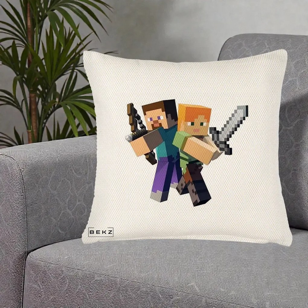 Perna Personalizata Minecraft Steve si Alex, 40x40 cm, Crem Reliefat, Husa Detasabila, Perna Inclusa, BEKZ®