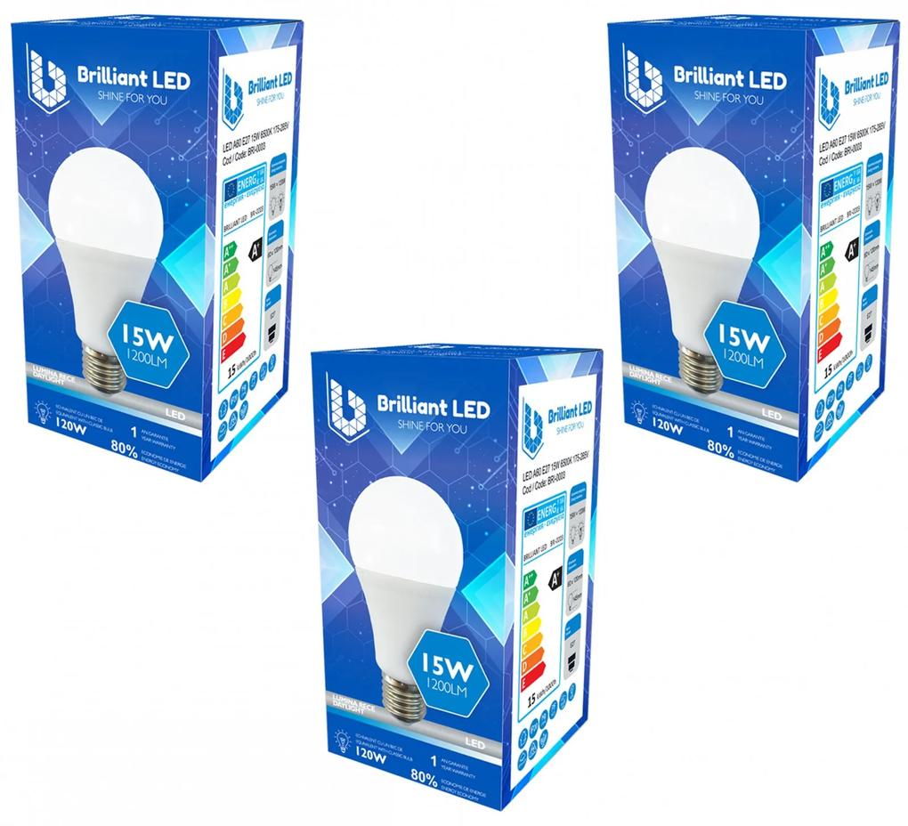 Set 3 Buc - Bec Brilliant LED, 15W (120W), 1200lm, lumina rece 6500k, 175-265V, E27 Lumina rece - 6500K, 3 buc