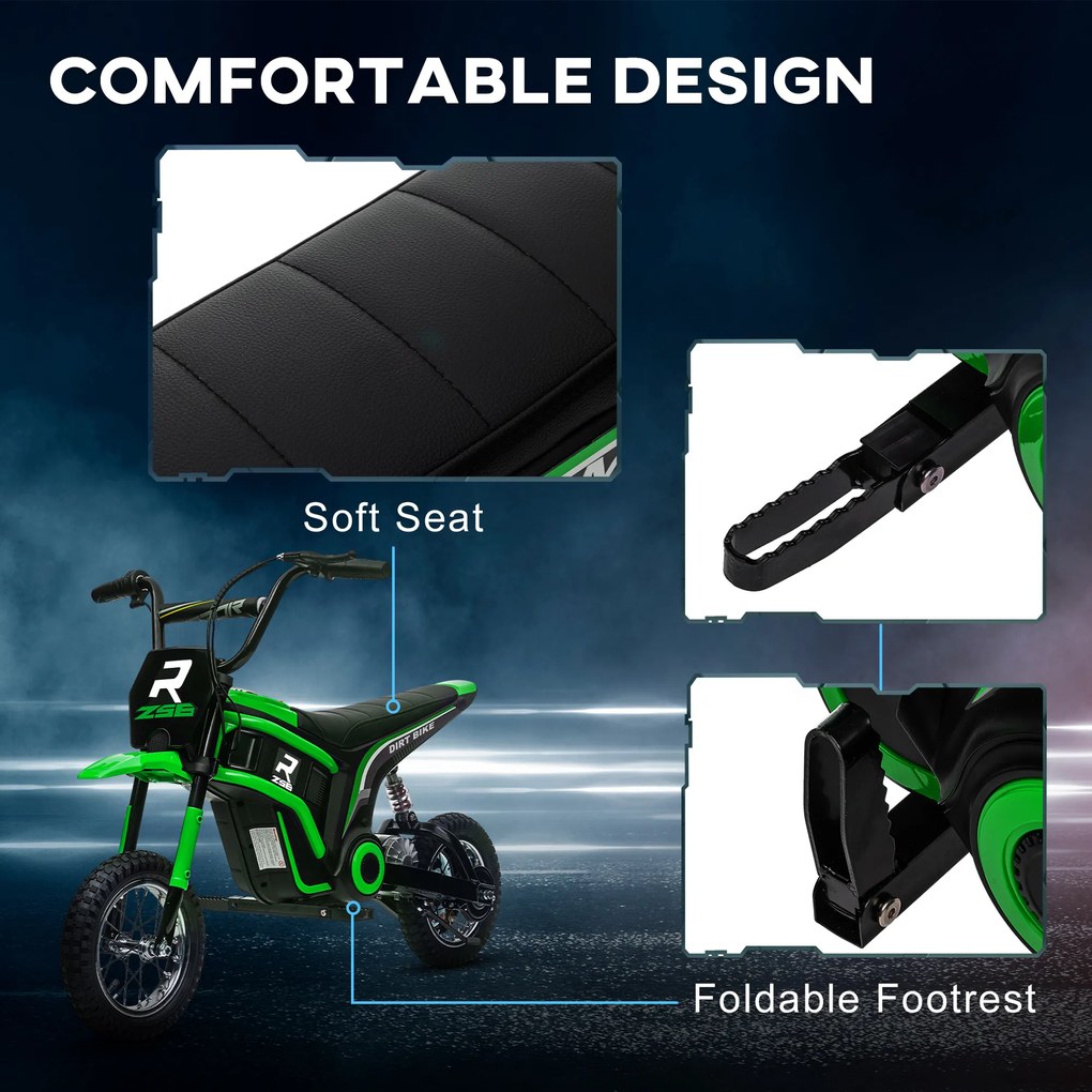 HOMCOM Motocicletă Electrică pentru Copii 8-12 Ani cu Accelerație Manuală și 2 Viteze, 119x64x76,5 cm, Verde | Aosom Romania