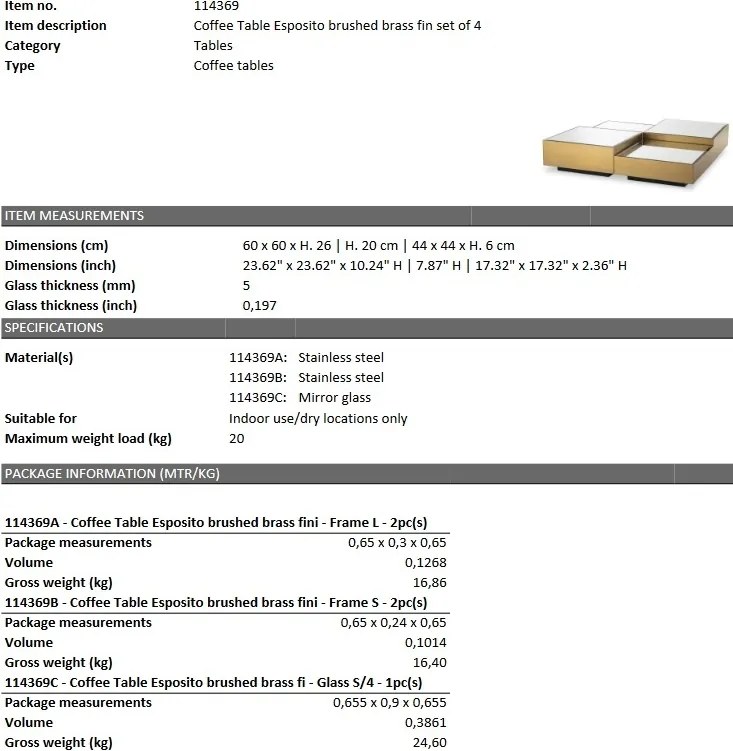 Set de 4 masute de cafea design LUX Esposito, alama periata 114369 HZ