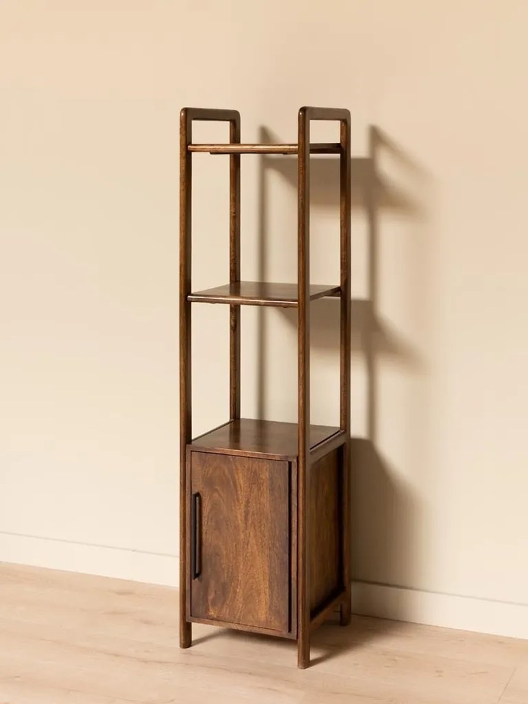 Etajeră din lemn de acacia și metal, cu 3 rafturi și 1 ușă, maro antichizat, finisaj lucios, 40.3×40.5×163 cm, „Sloane"
