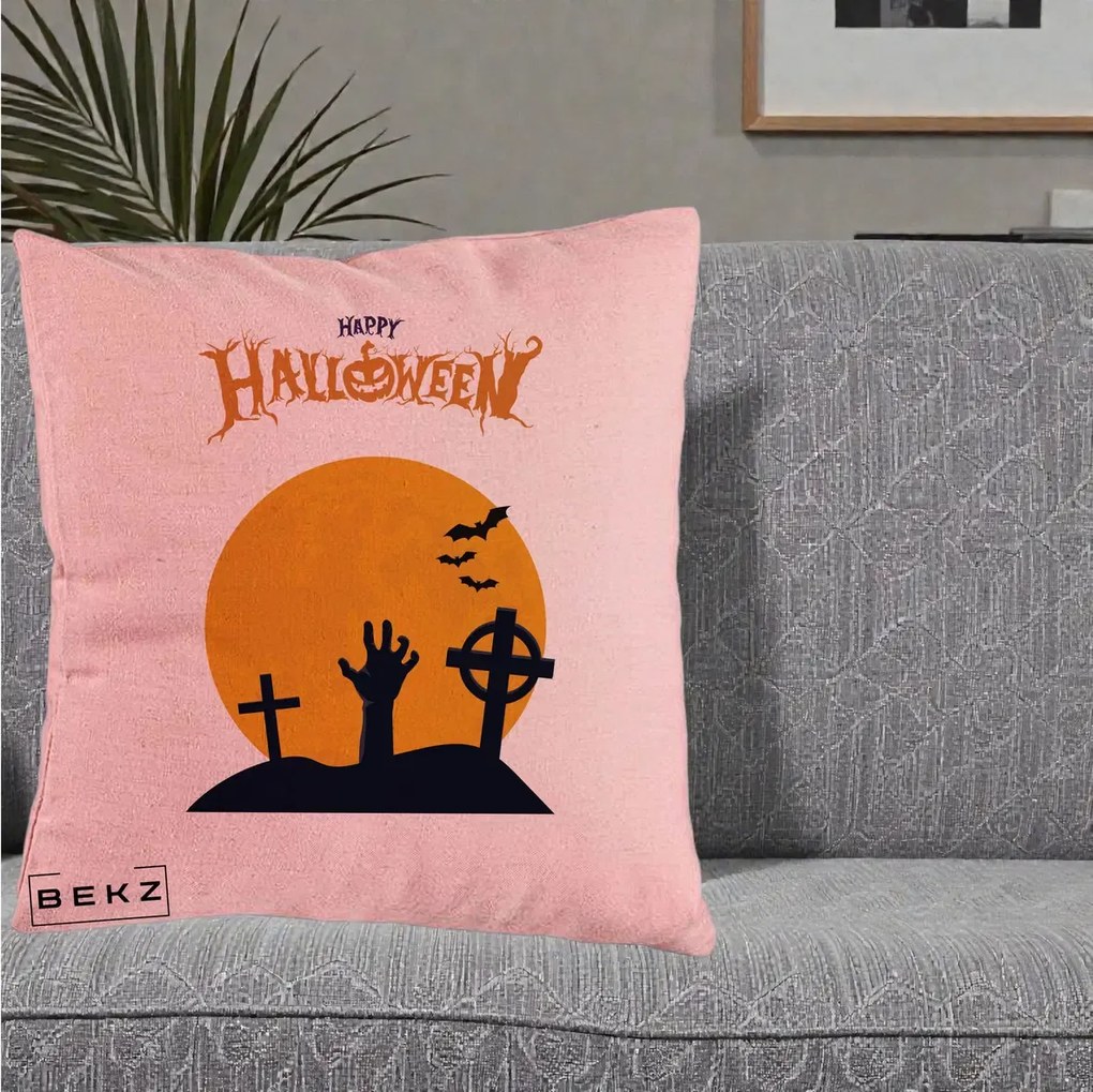 Perna Decorativa Happy Halloween Cimitir cu Luna, 40x40 cm, Roz, Husa Detasabila, Perna Inclusa, BEKZ®