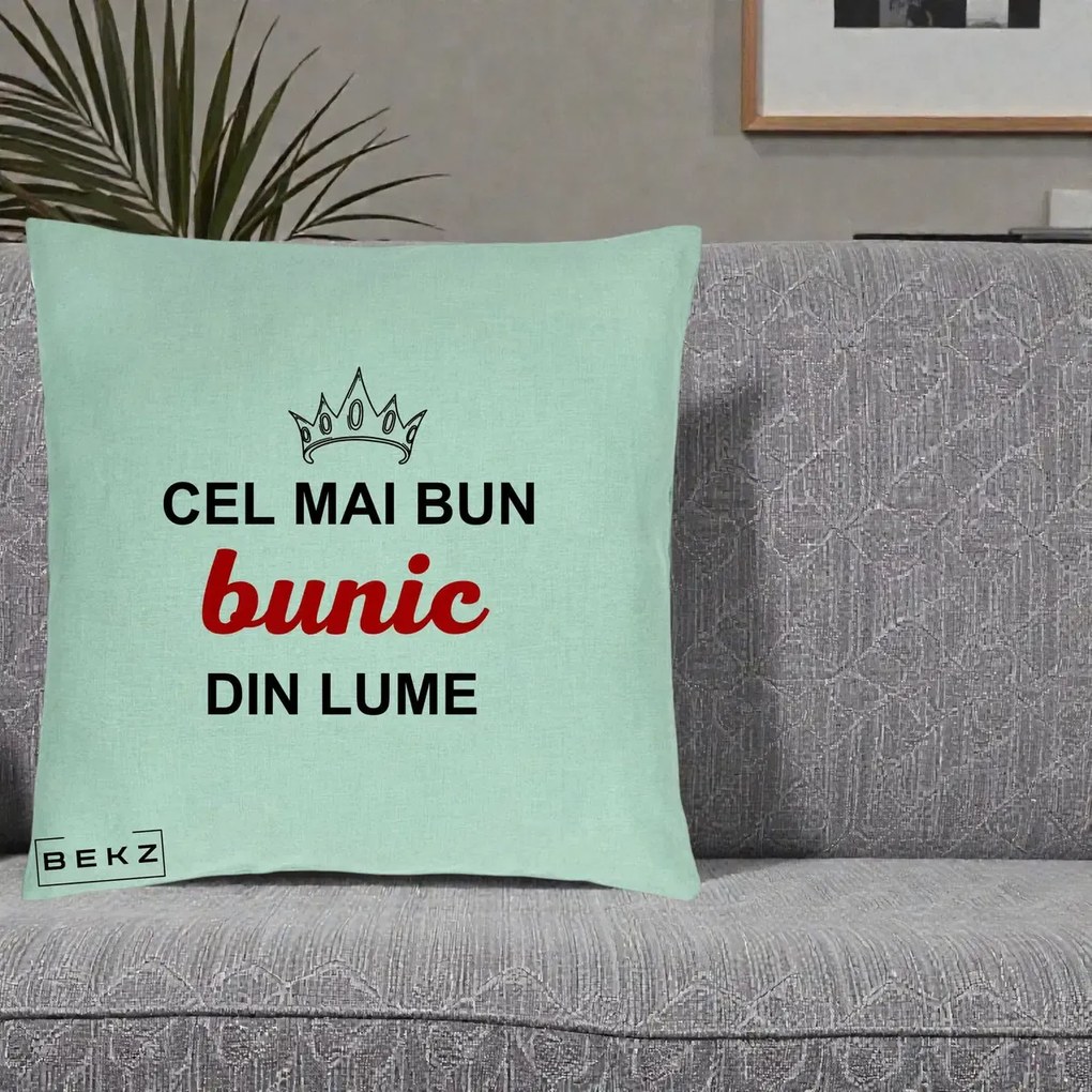Cadou pentru Bunic - Perna Personalizata Cel Mai Bun Bunic Din Lume Coroana Rosu, 40x40 cm, Verde Menta, Husa Detasabila, Perna Inclusa, BEKZ®