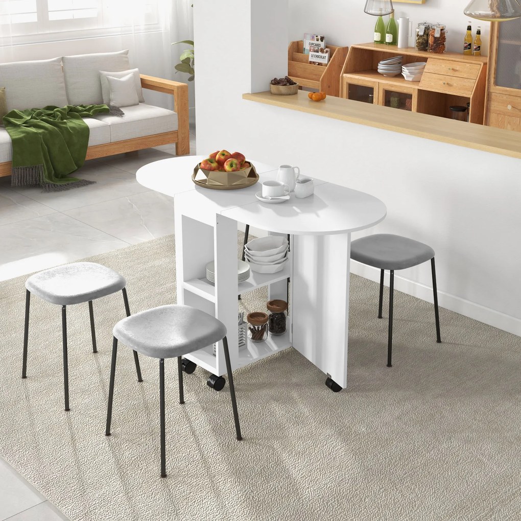 HOMCOM Masă pliabilă de dining pentru 2-4 persoane, 120x60x77 cm, cu 6 roți, 2 polițe, 2 extensii rabatabile, economisește spațiu, albă | Aosom Romania