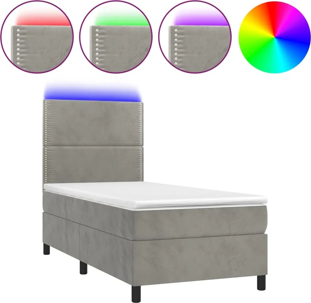vidaXL Pat cu arcuri, saltea și LED, gri deschis, 100x200 cm, catifea