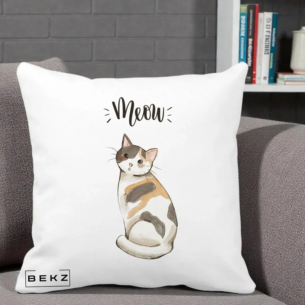 Perna Personalizata Pisica Meow Acuarela, 40x40 cm, Alba Mata, Husa Detasabila, Perna Inclusa, BEKZ®
