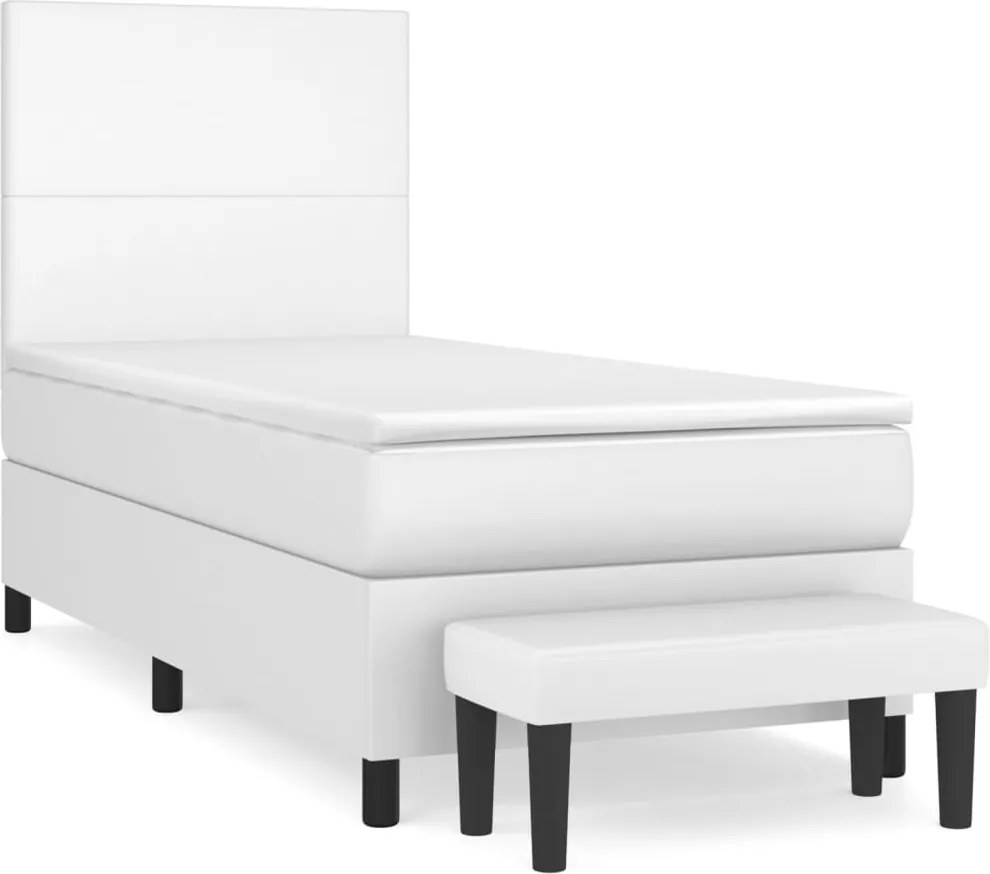 vidaXL Pat box spring cu saltea, alb, 90x190 cm, piele ecologică