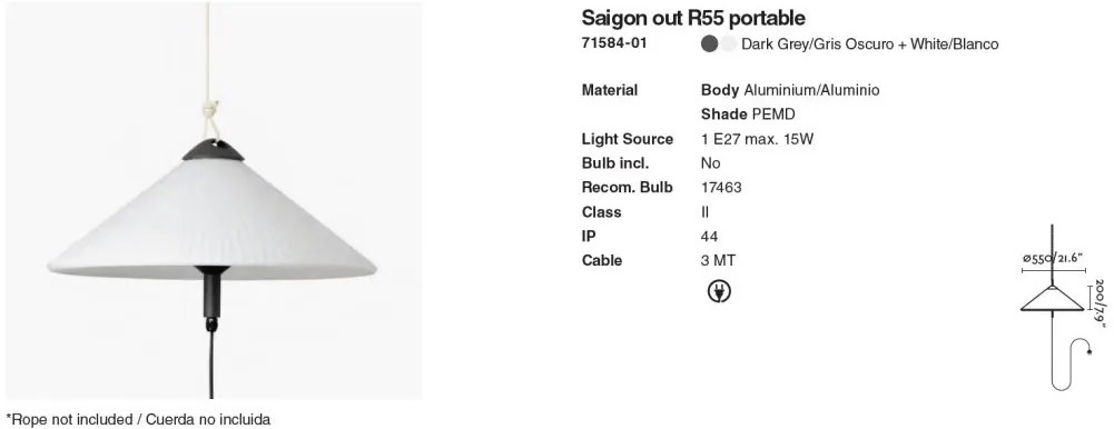Lampa portabila iluminat exterior decorativ SAIGON cone R55 gri/alb