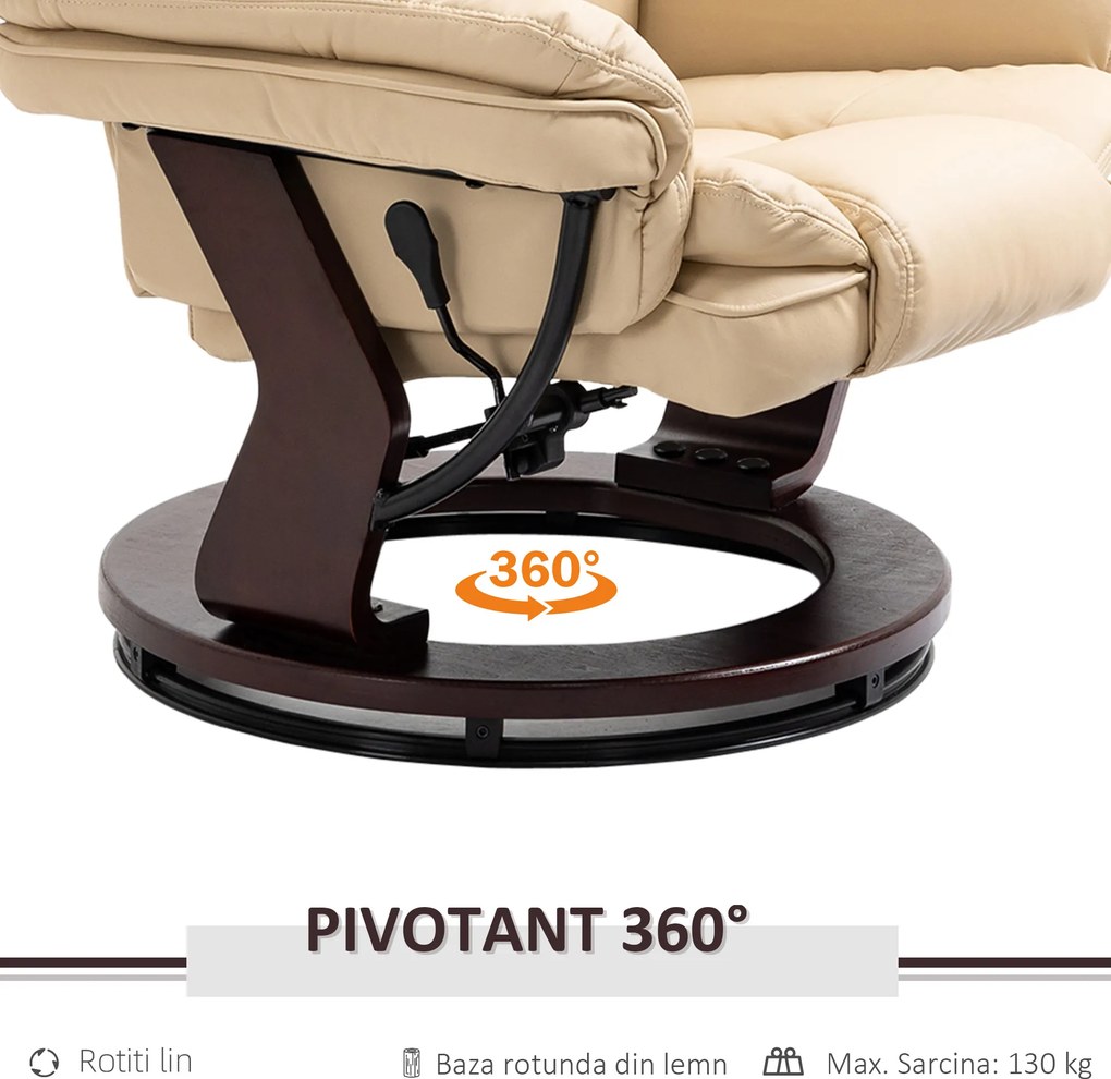 HOMCOM Set Fotoliu și Pouf pentru Picioare, Rotativ la 360° și Reclinabil cu Suport pentru Cap și Brate, 85x106x94cm, Bej | Aosom Romania