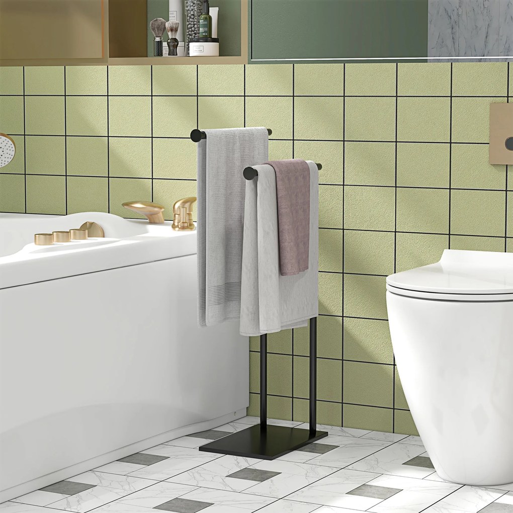 HOMCOM Suport Prosoape cu 2 Brațe, Suport Baie din Metal, 35,5x20x78 cm, Negru | Aosom Romania