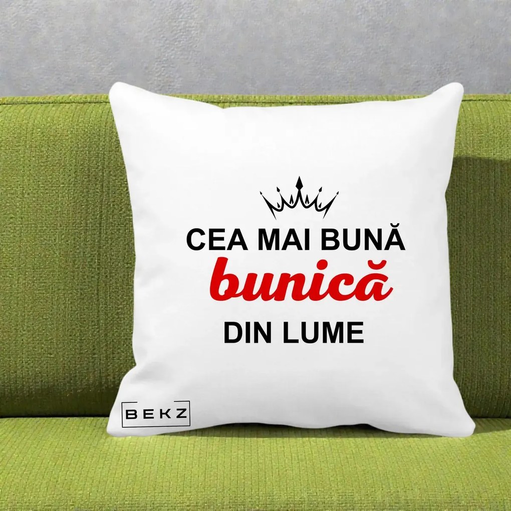 Cadou pentru Bunica - Perna Personalizata Cea Mai Buna Bunica Din Lume Coroana Neagra, 40x40 cm, Alba Mata, Husa Detasabila, Perna Inclusa, BEKZ®