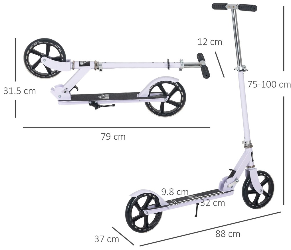 HOMCOM Trotinetă Pliabilă, Ghidon Reglabil pe 4 Nivele, Sistem de Frânare în Spate pentru Copii și Adolescenți, Greutate Max. 100 kg, Dim. 88L x 37l x 75-100H cm, Alb | Aosom Romania