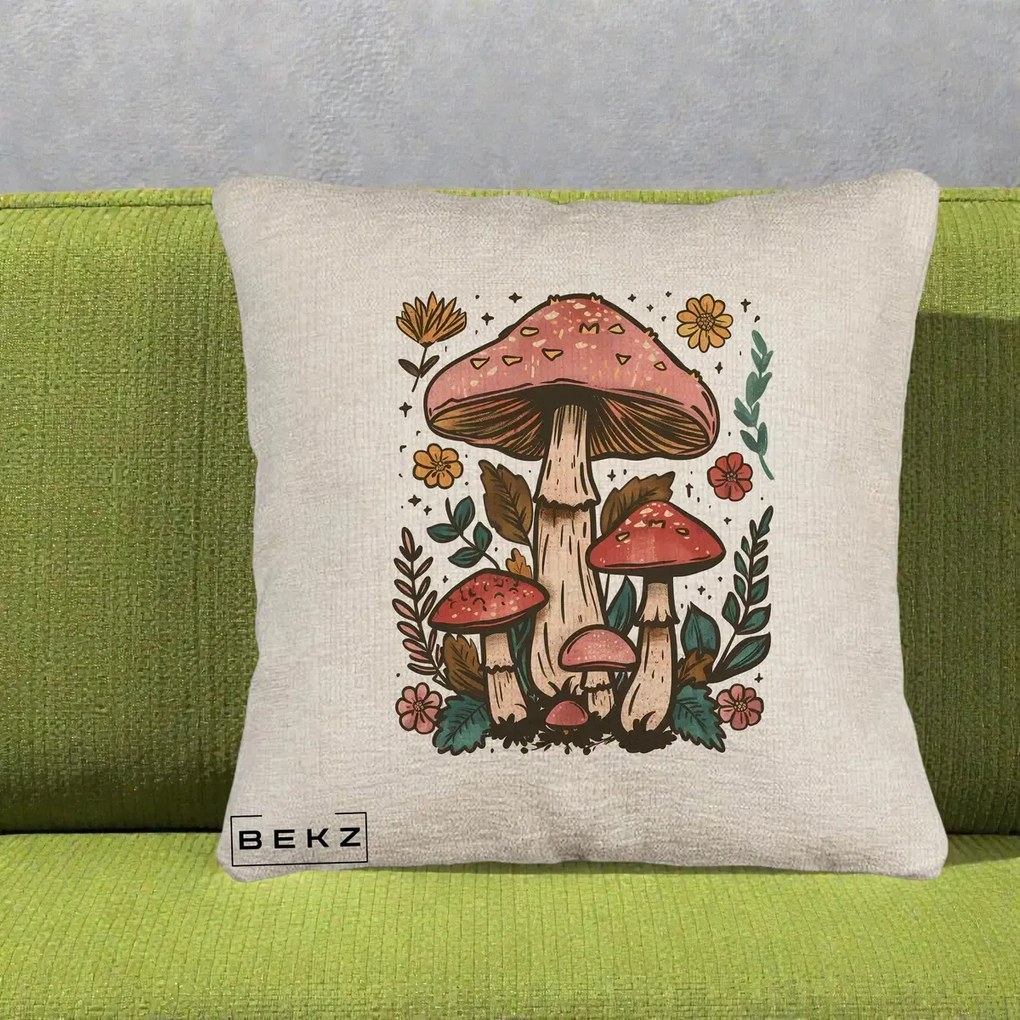Perna decorativa boho Ciuperci Vintage Floral, 40x40 cm cu Umplutura, Bej Canapea, BEKZ