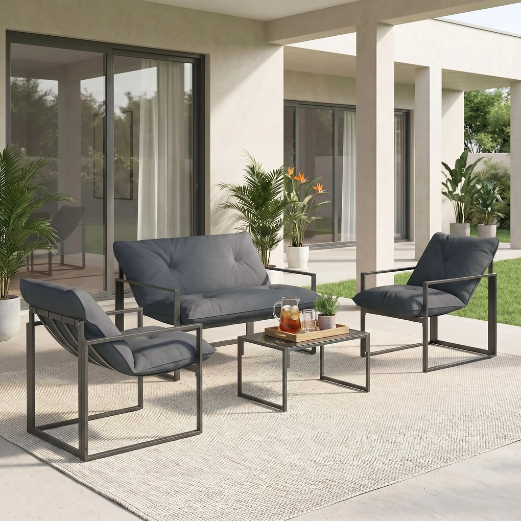 Outsunny Set Mobilier de Exterior cu Măsuță din Sticlă, Canapea, 2 Fotolii și Perne, Gri | Aosom Romania