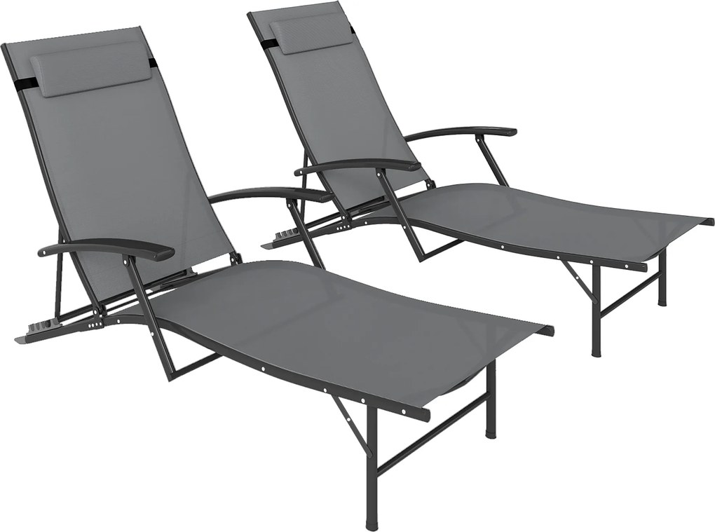 Outsunny Set de 2 Șezlonguri Pliante, Ajustabile în 4 Poziții cu Cotiere și Perne, 64x154x87 cm, Gri | Aosom Romania