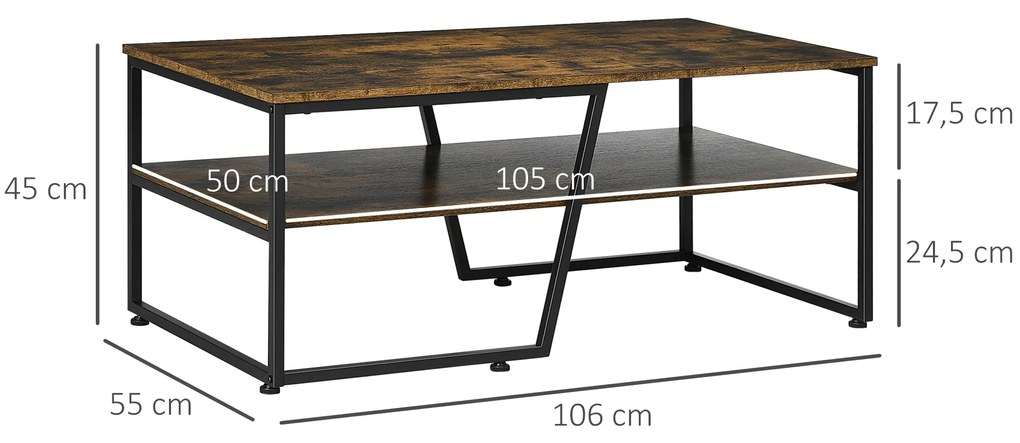 HOMCOM Masă de cafea rectangulară de stil industrial cu 1 blat și 1 raft de depozitare din metal 106 x 55 x 45 cm | Aosom Romania