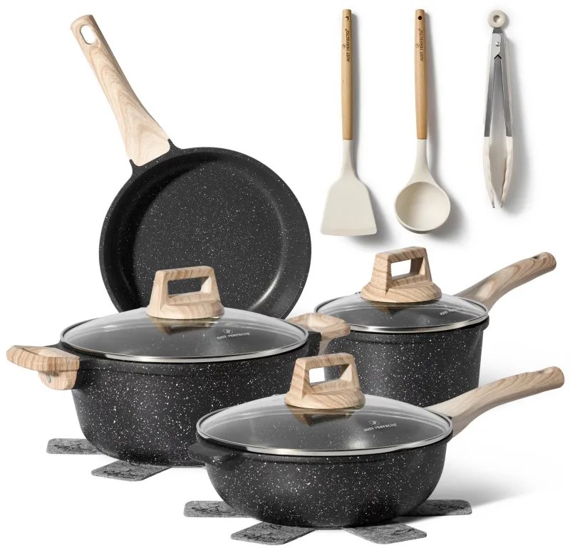 Set oale si tigaii Just Perfecto JL-32, 12 piese, Turnat, Acoperire din marmura, Inductie, Accesorii, Negru
