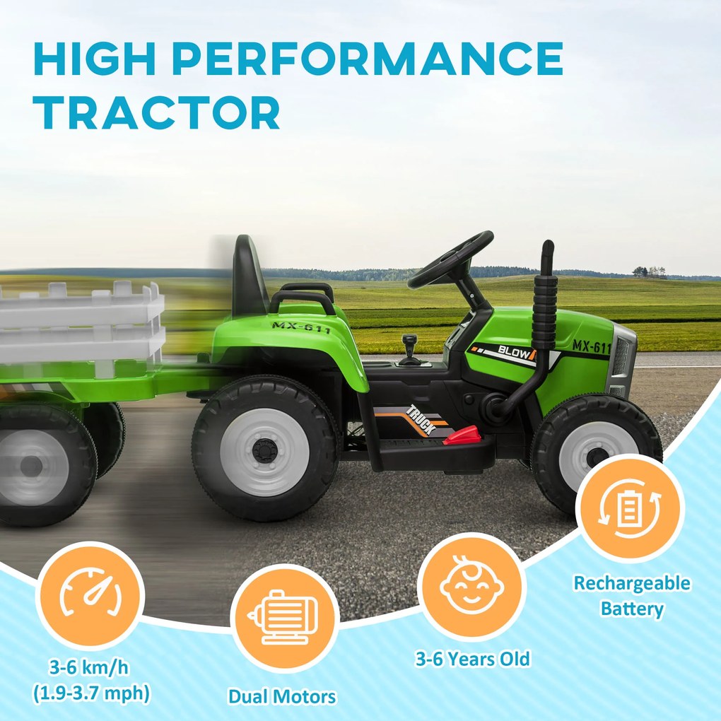 HOMCOM Tractor Electric cu Remorcă Detașabilă, Telecomandă, Muzică și Claxon, pentru Copii de 3-6 Ani, 136,5x50x52,5 cm, Verde | Aosom Romania