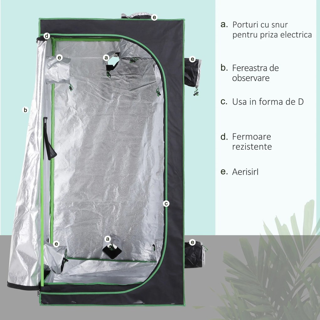 Outsunny Cort Hidroponic din Oxford 600D cu 5 Orificii de Ventilație Reglabile și Fereastră, 80x80x160 cm, Negru | Aosom Romania