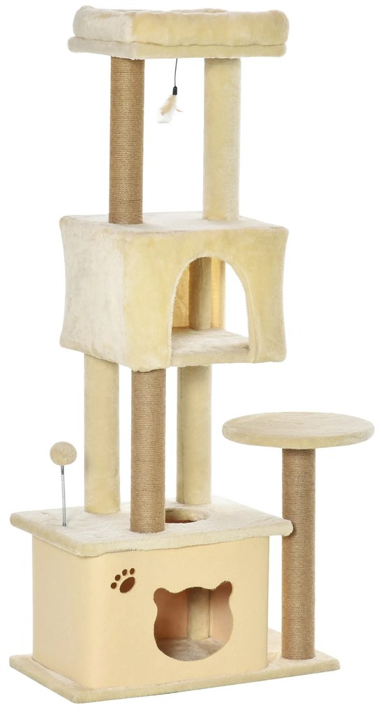 PawHut Ansamblu de joacă pentru Pisici Înalt 136 cm cu Căsuță Detașabilă, Căsuță și Pătuț, Stâlpi din Iută, Bej | Aosom Romania