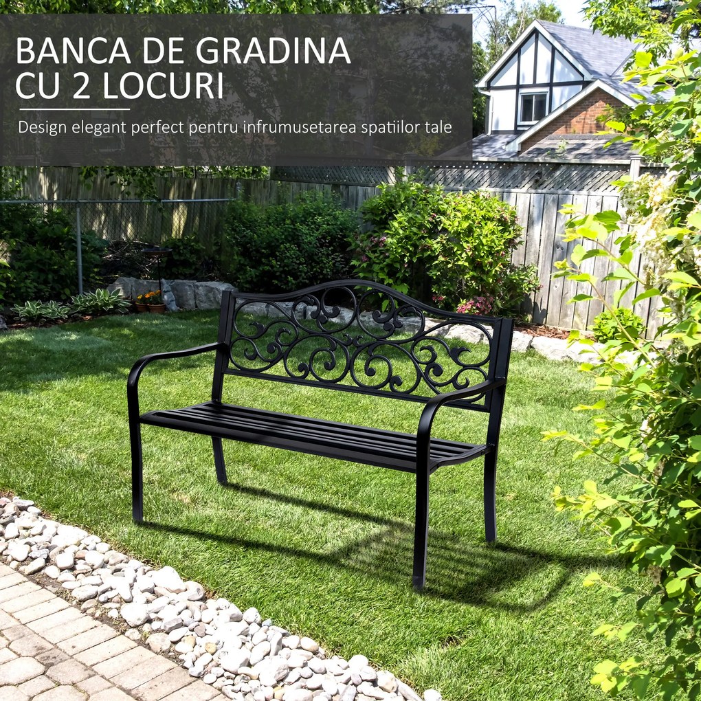 Outsunny Banca pentru exterior din fonta si metal, banca pentru gradina 2 locuri cu spatar inalt decorat, 127x60x89cm, negru