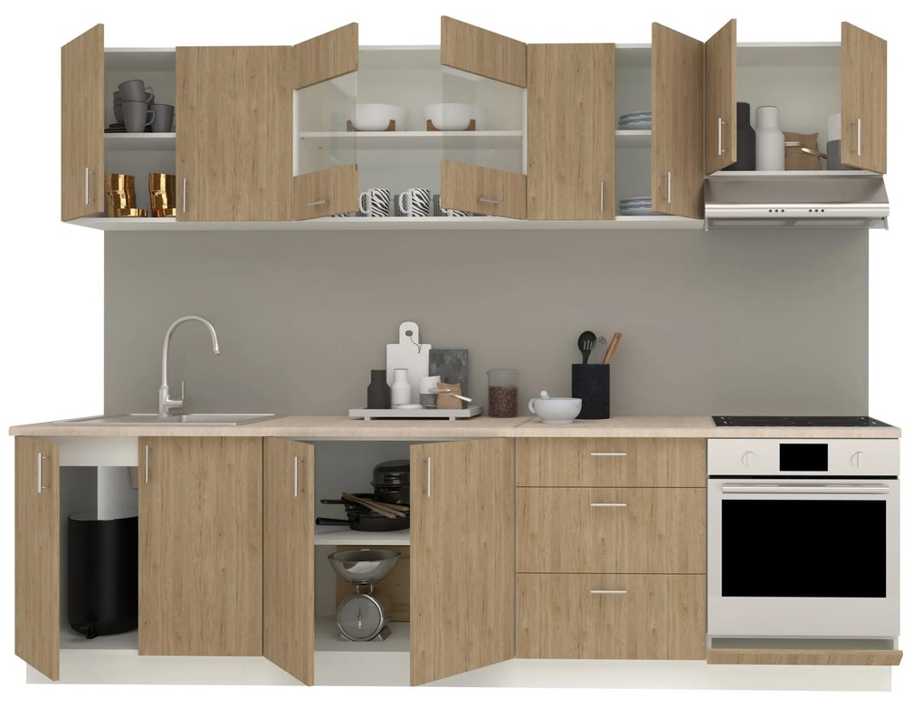 Set Bucatarie Karo V22, Lemn Natural/Alb, Blat Thermo 28 mm, L 280 cm