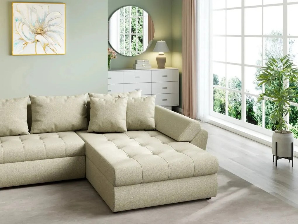 Colțar extensibil dumonde cu ladă de depozitare si sezut confortabil din spuma high-density, Loana U Enjoy Camel 355x185 cm