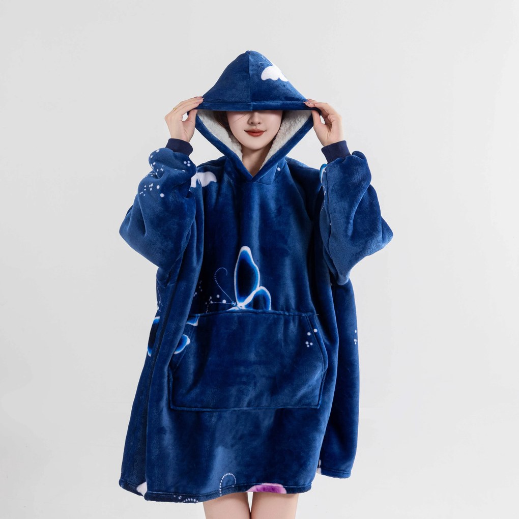 Patura cu maneci si gluga, imitatie de miel VIOLET BUTTERFLY, albastru inchis