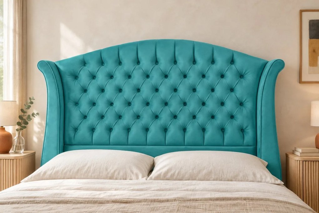 Pat tapițat Chesterfield din catifea Sorella Simple 140×200 cm, albastru deschis, cu ladă de depozitare