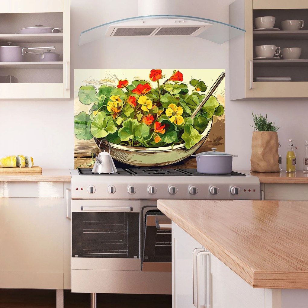 Panou Sticla Bucatarie, 60x100cm, Protectie aragaz, Antistropi, Termorezistent, Alimente, Legume, Flower Food