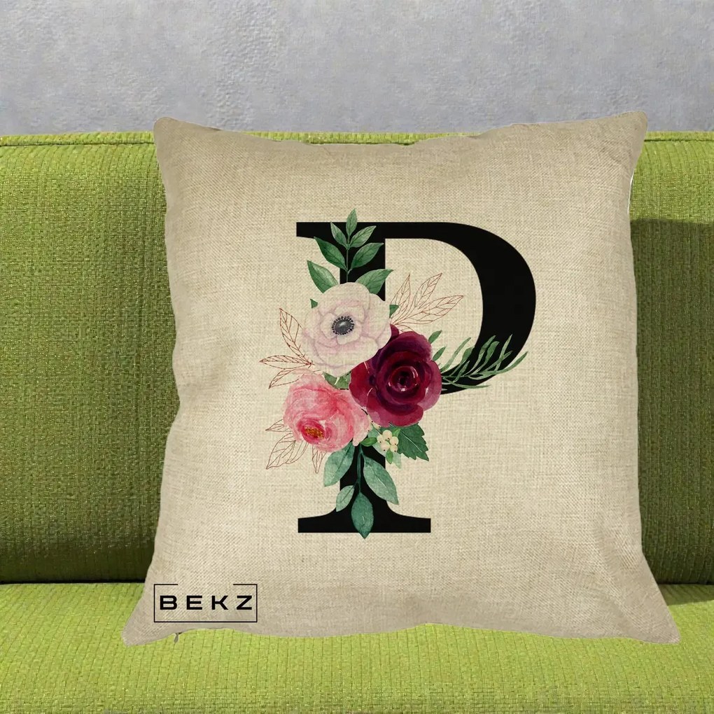Cadou Personalizat - Perna Personalizata Monograma Florala Litera P, 40x40 cm, Crem, Husa Detasabila, Perna Inclusa, BEKZ®