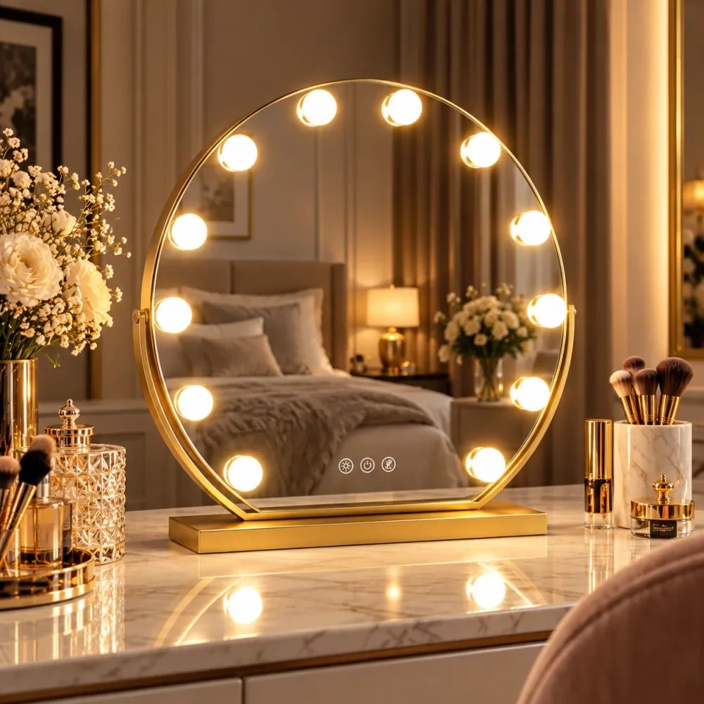 Oglindă cosmetică, sistem iluminare LED, 12 becuri, 3 culori, Senzor Tactil, Luminozitate Reglabilă, Auriu